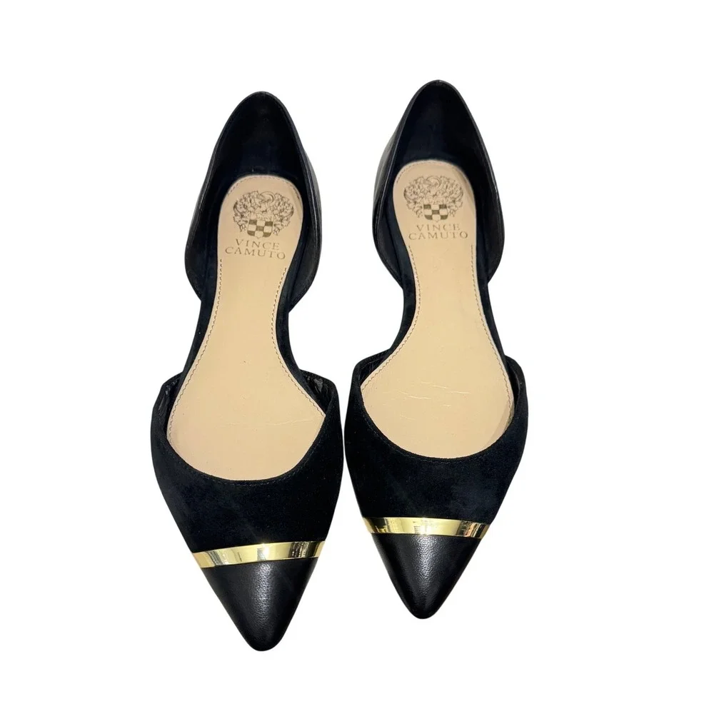 Vince Camuto Hope Pointed Toe‎ Flats Womens 8 Black Suede Leather Gold